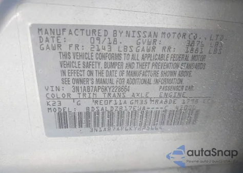 2019 Nissan Sentra Sv z USA, uszkodzony, nr VIN 3N1AB7AP6KY228664